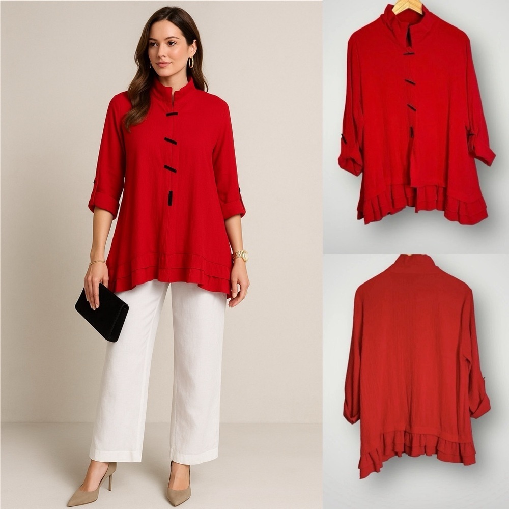 Ali Miles | Button Front Blouse Roll Tab Sleeves Wired Collar Ruffle Hem